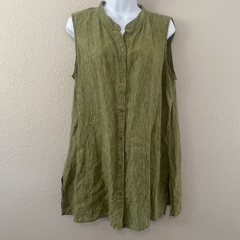 Eileen Fisher Organic Linen Mandarin Collar Sleeveless Tunic Dress XL Bohemian
